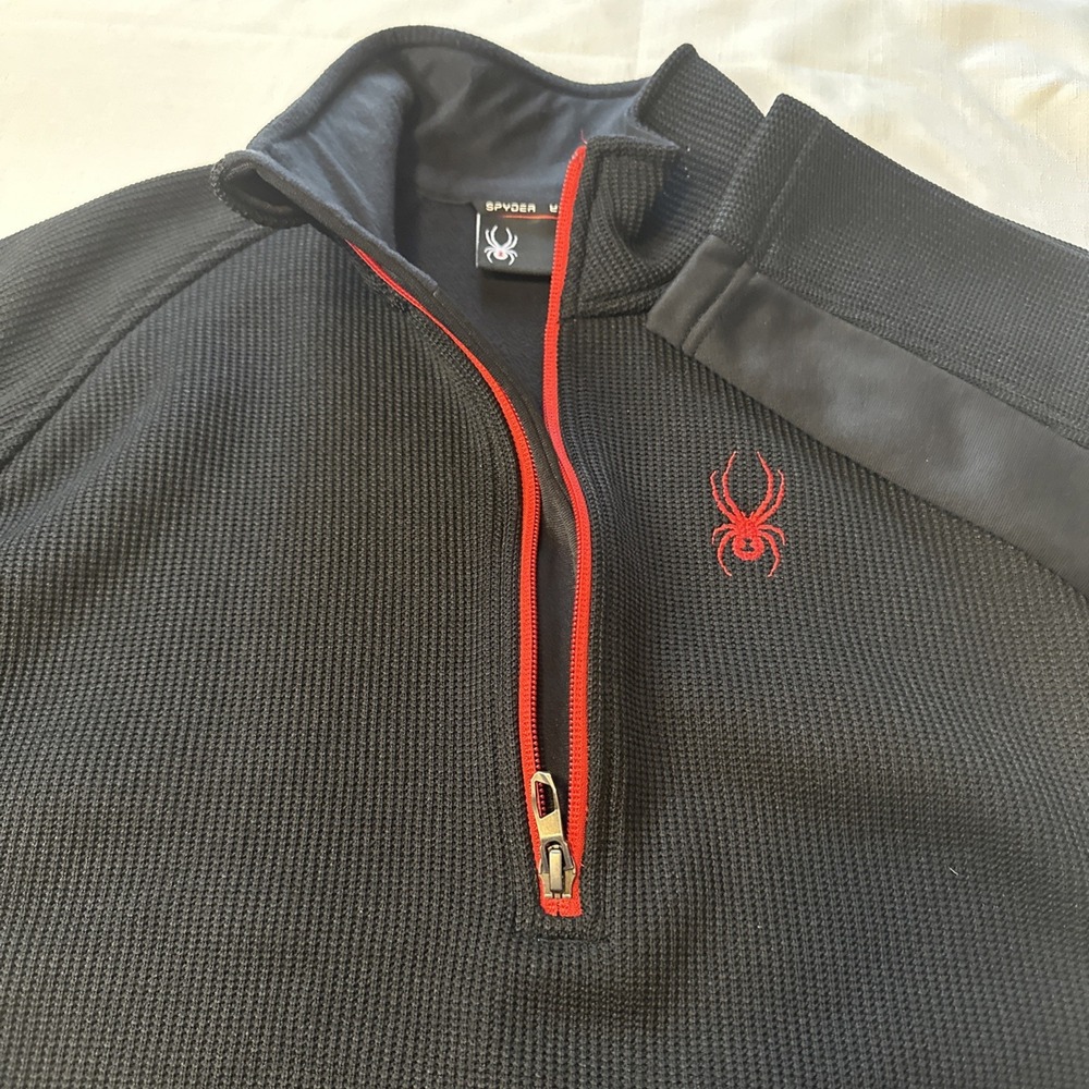 Spyder Men's 1/4 Zip Pullover, Heavyweight Black and Red Waffle Knit Size Medium - Picture 7 of 9